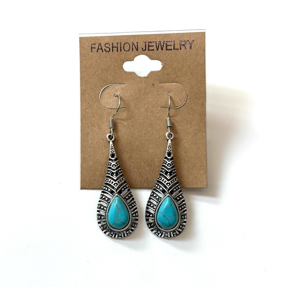 ⭐️ 5 for $25 Semi-precious Stone Antique Teardrop Turquoise & Silver Earrings - Picture 5 of 6